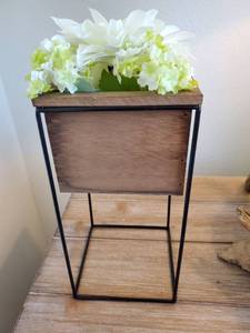 lot 33 image: Faux Flowers in Wood Container with Metal Frame