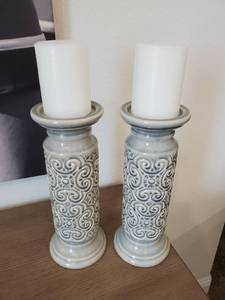 lot 67 image: Pair of Grey Ceramic Candle Holders