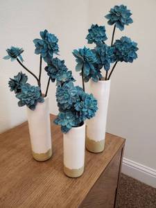 lot 72 image: White & Khaki Ceramic Vases with Faux Blue Flowers