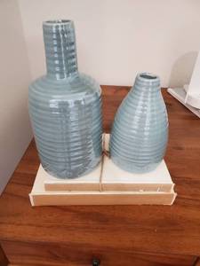 lot 82 image: Pair of Ribbed Blue Ceramic Vases & Books