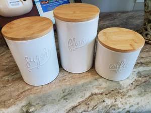 lot 166 image: Trio of Ceramic Containers with Wood Lids