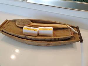 lot 129 image: Pair of Wooden Trays with Bath Accessories