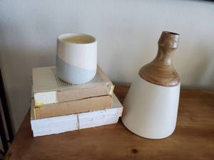 lot 138 image: Ceramic & Wood Vase, Candle & Books