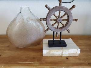 lot 139 image: Textured Glass Vase & Resin Wheel on Stand