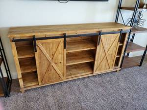 lot 147 image: Wood Console with Sliding Farmhouse Doors