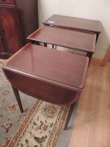 lot 34 image: 3 NESTING brown drop side tables-Large 25x24x16, medium 24x21x14 small 23x19x11