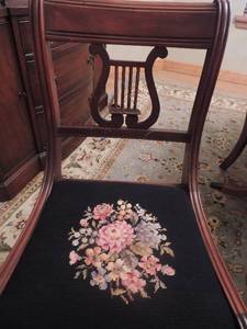 lot 4 image: Lyre Back Vintage Chairs with Black needlepoint floral seats 6 chairs -  1 Captain chair 5 side chairs - AMAZING