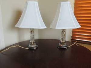 lot 10 image: Vintage stack lamps w clear glass centers and shades 16H. Blue glass bottom footed base
