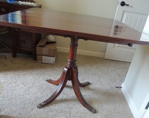 lot 14 image: Duncan Phyfe Vintage drop leaf table 30 H x 38 W Cabriole legs w brass fittings