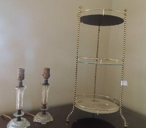 lot 17 image: Semi-antique art deco glass stack lamps (no shades) and 3 tier glass stand 25 x 11