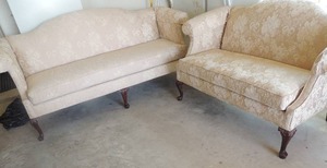 lot 28 image: Antique Sofa and Love seat. White Floral design.  Sofa measures 37x79x29. Love seat measures 36x38x31 - GREAT CONDITION