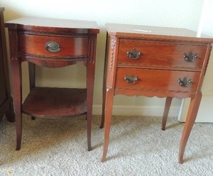 lot 23 image: 2 Mahogany wood side tables 1 has one drawer 27x16x15. second has 2 drawers 27x18x14