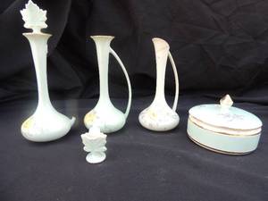 lot 55 image: Kadlerg china- 3 vases (1 has broken handle) and small covered powder bowl  yellow rose dcor 6 tall