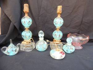 lot 59 image: 2 vintage blue BLOWN bubble glass stack lamps no shades 12H, with 3 matching bubble glass decor pieces and glass Pen stand