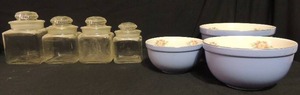 lot 61 image: Set of 3 Blue Halls superior Kitchen ware bowls- large bowl has crack across inside and out  plus 4 glass covered cannisters