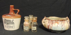 lot 62 image: Kiln fired pottery artisan double handle soup tureen - Vintage Evan Williams Kentucky Bourbon whisky 750ml jug and 3 glass season bottles