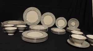 lot 65 image: Castleton China Lace- 12 salad plates, 6 saucers, 6 teacups, 6 bread plates, 6 dinner plates