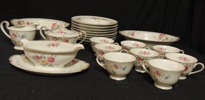lot 68 image: Noritake 22K Gold band China (part 2)- sugar & creamer, gravy boat & plate, 10 soup dish, 8 tea cups, 8 salad bowls, 10 serving bowl  - 21 PCS