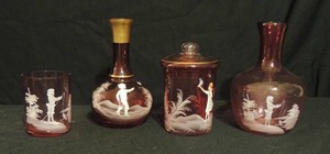 lot 70 image: Fenton Art Glass Hand Painted Mary Gregory Cranberry  4 pieces -TUMBLE UP ( CARAFFE & TUMBLER) VASE-BOY FISHING COVERED CANDY JAR