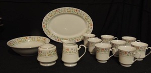 lot 72 image: 1982 Ashleys Overseas China Eternal love 14 serving platter   10 bowl,  sugar & creamer and 8 tea cups - 12PCS