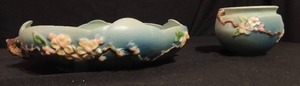 lot 74 image: Roseville Apple Blossom Center bowl 330-10# on bottom 13 diameter and Roseville Apple Blossom double handled Vase 300 6#, 6 diameter
