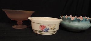 lot 75 image: Knowles utility ware bowl 40-2 with fruit motif, pink satin glass compote, pink and blue cased glass bowl with crimped edge