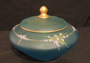 lot 79 image: Blue lidded hand painted glass bowl 5 h  unmarked