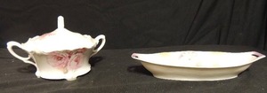 lot 86 image: German cracker bowl  purple pink floral design 12 12 plus R&S Germany Covered soup tureen pink flower design chipped around top
