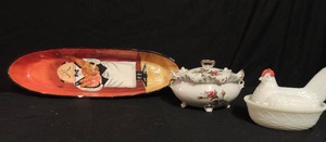lot 88 image: Vintage lidded ceramic dish with pink rose design, Lt ed. 60100, Tracy Flickinger bread boat 17L, white milk glass covered chicken in nest