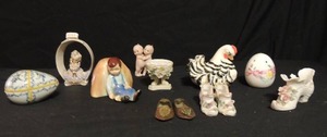 lot 91 image: Rooster with broken tail, little boy on rock, decor eggs, 2 brass shoes, 2 porcelain boots, Lefton boot with pink roses