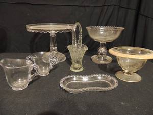 lot 94 image: Vintage standing 7 cake stand, glass basket 8 tall, Anchor Hocking Berwick Boopie pieces, assorted glass treasures