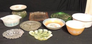 lot 106 image: Green Depression Glass Cake Plate, Pink depression glass platterserver, Bavarian china bowl multi color, and other dcor items