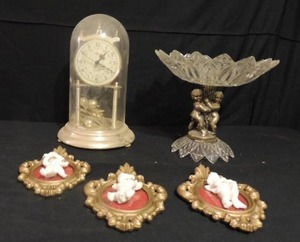 lot 109 image: Quartz clock with glass cover, Cherub Base compote, statue angel wall art x3