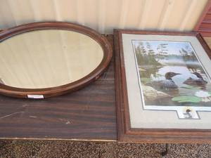lot 110 image: Ducks Unlimited art Boundary Waters Pencil signed by Leo Stans Conservation edition 202625000, 33x26 plus G-400 MAH4 oval wall mirror brown frame 31x25
