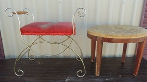 lot 112 image: Vanity chair with red cushion 25x26 brown stool with tan seat 17x22x16