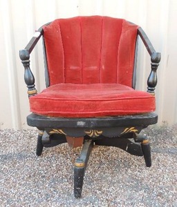 lot 126 image: Antique Cream color rocker with red cushions, ebonized with gold accents