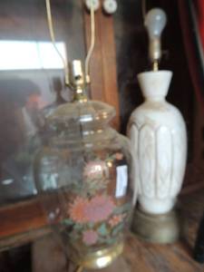 lot 129 image: White lamp 31 tall has no shade. Clear glass lamp with painted pink flowers on front 31 tall no shade