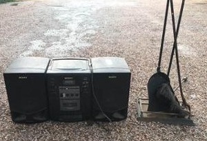 lot 141 image: Fireplace Poker set, Sony CD  player taperadio built in speakers ModelCFD-2130