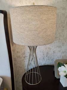 lot 12 image: Metal Cage Lamp with Khaki Linen Shade