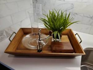 lot 66 image: Wood Tray with Glass Carafe, Faux Succulent & Backgammon Set