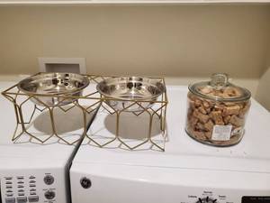 lot 144 image: Metal Dog Bowls in Stand  Decorative Bones