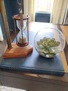 lot 158 image: Sand Hourglass with Faux Succulent & Book