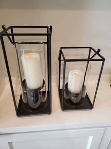 lot 165 image: Pair of Black Metal Lanterns with Glass Chimneys