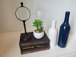lot 182 image: Bottles, Magnifying Glass, Faux Succulent & 3 Books