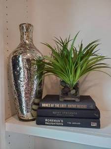 lot 183 image: Silver Glass Vase with Faux Succulent by NDI & 3 Books