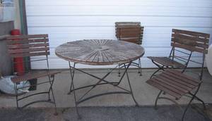 lot 1156 image: Wood Topped Patio Table &amp 4 Matching Chairs