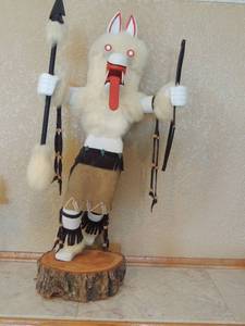 lot 30 image: Wolf Dancer Kachina Doll M2289 on bottom on wood base 24x12