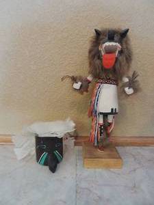 lot 35 image: Kachina doll- x 2   LEATHER  3 with white feather hair and  WOLF By Ballie 11