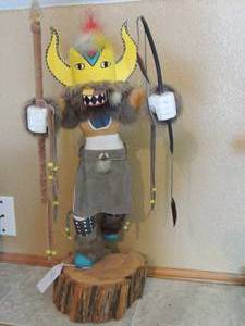 lot 4 image: Kachina Dancing Fox 23 x 10 on wooden stand - SIGNED M. H. Fox, L-223    HANDMADE BY NEW MEXICO ARTIST