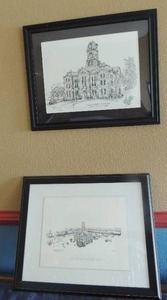 lot 28 image: Print of Granbury Texas COURTHOUSE SQUARE  TURN OF THE CENTURY  by Hugh Riker 1987 22x19 and SIGNED Ltd. Ed. #114400 Hood County Courthouse by Larry Bridges 22x19